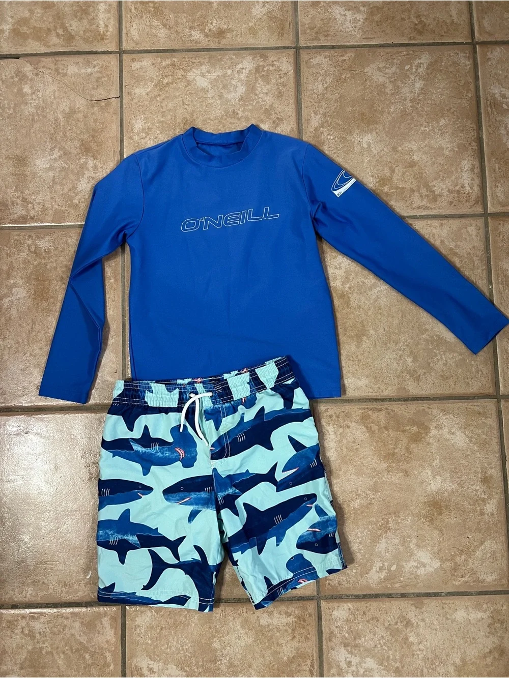 Boys size 6 Blue Long Sleeve Rash Guard with Shark Swim Trunks SPF 50